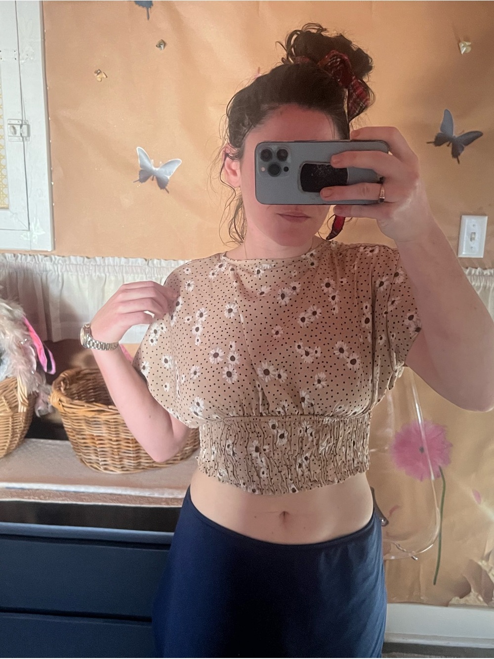 Beige Floral Smocked-Waist Crop Top